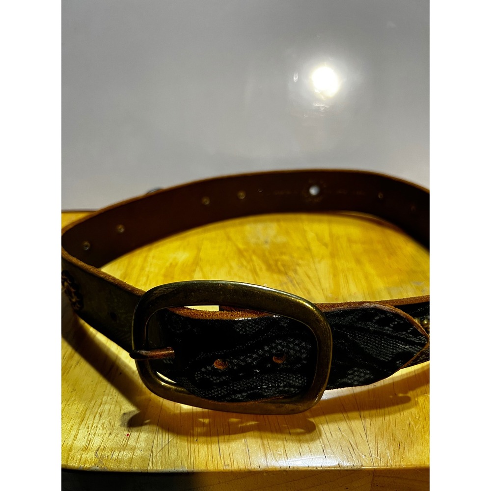 Gaella Small Leather Belt Brown Black Lace Print Studded O-Ring Western Boho